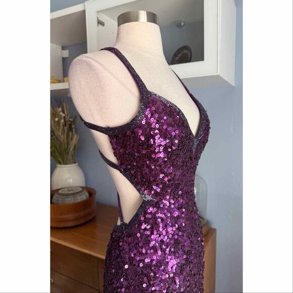 Primavera Couture 1853 Sequin Beaded Plum Gown Formal Dress Prom Long - Picture 4 of 12